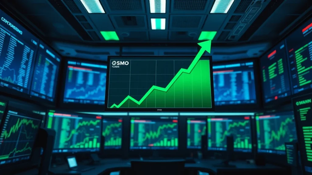 Digital trading screen showing OSMO token price chart with green upward trend and blockchain network nodes in background