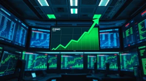 Digital trading screen showing OSMO token price chart with green upward trend and blockchain network nodes in background