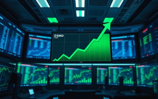 Digital trading screen showing OSMO token price chart with green upward trend and blockchain network nodes in background