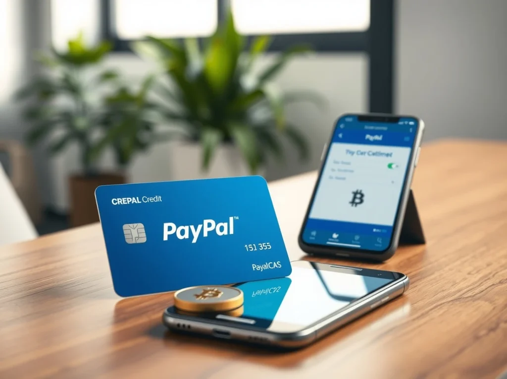 PayPal crypto strategy reorganization showing a credit card and stablecoin on a desk with a smartphone