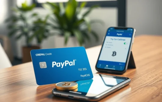 PayPal crypto strategy reorganization showing a credit card and stablecoin on a desk with a smartphone