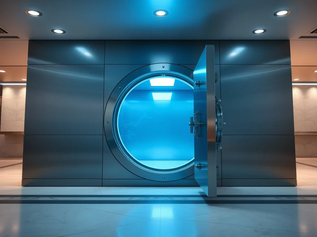 Secure bank vault with digital blockchain glow representing crypto custody entering the U.S. banking system.