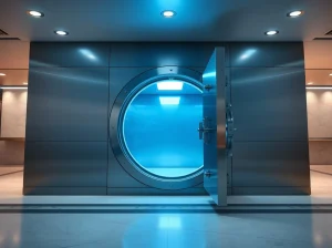 Secure bank vault with digital blockchain glow representing crypto custody entering the U.S. banking system.