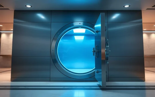 Secure bank vault with digital blockchain glow representing crypto custody entering the U.S. banking system.