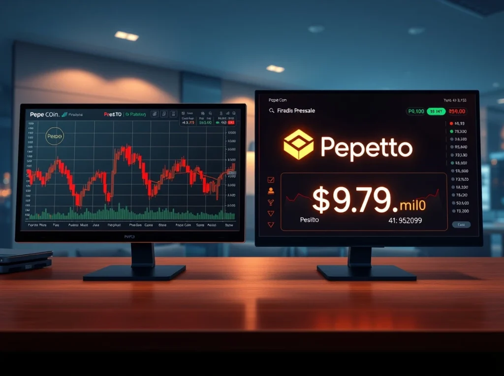 Side-by-side comparison of Pepe Coin trading screen and Pepeto presale dashboard in a modern trading environment.