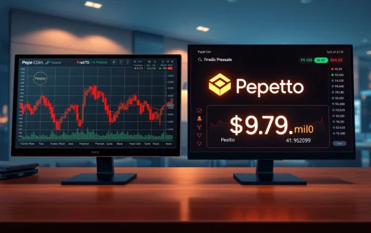 Side-by-side comparison of Pepe Coin trading screen and Pepeto presale dashboard in a modern trading environment.