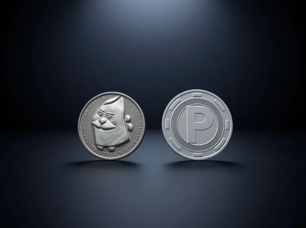 Side-by-side comparison of a worn Pepe Coin and a new Pepeto presale token on a dark surface.