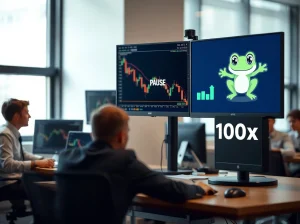 Trading desk monitors show Bitcoin chart with pause indicator and Pepeto logo with 100x target
