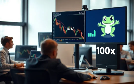 Trading desk monitors show Bitcoin chart with pause indicator and Pepeto logo with 100x target