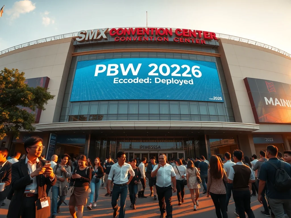 SMX Convention Center Manila hosting Philippine Blockchain Week 2026 with attendees entering the venue