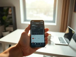 Person holding a smartphone displaying the Pi Network app interface on a desk with natural lighting