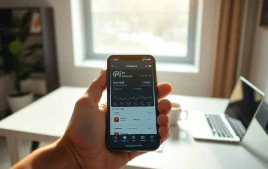 Person holding a smartphone displaying the Pi Network app interface on a desk with natural lighting
