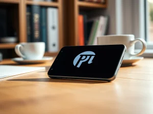 Smartphone displaying Pi Network logo on a desk in a home office setting