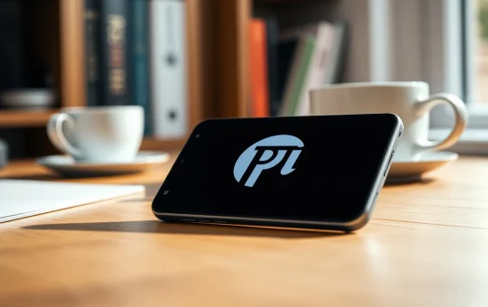 Smartphone displaying Pi Network logo on a desk in a home office setting