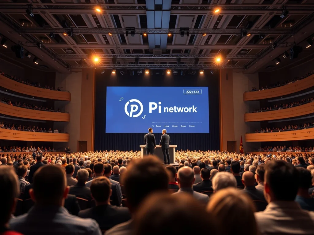 Pi Network founders speaking on stage at Consensus 2026 conference in Austin, Texas, with live price chart displayed.