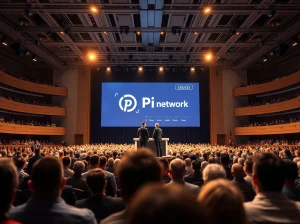 Pi Network founders speaking on stage at Consensus 2026 conference in Austin, Texas, with live price chart displayed.