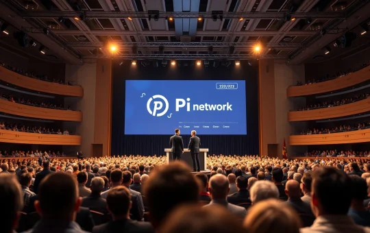 Pi Network founders speaking on stage at Consensus 2026 conference in Austin, Texas, with live price chart displayed.