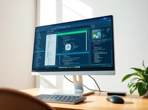 Desktop computer monitor showing Pi Network app development interface in a modern home office