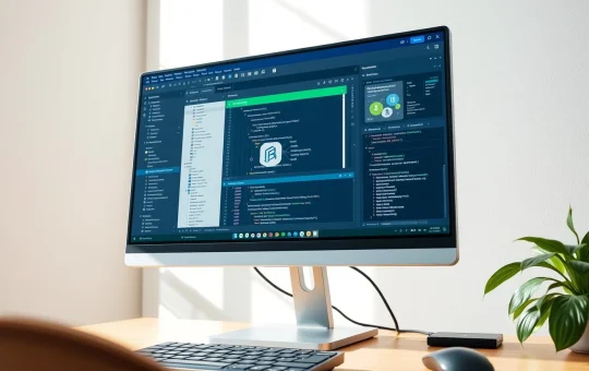 Desktop computer monitor showing Pi Network app development interface in a modern home office