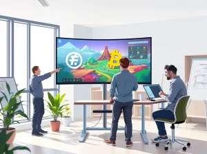 Developers reviewing a blockchain game roadmap on a monitor in a modern studio, representing the Pi Network ecosystem growth.