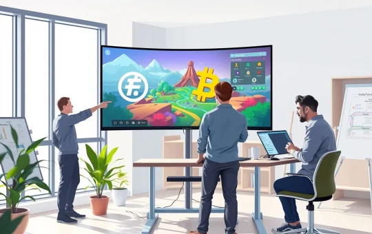 Developers reviewing a blockchain game roadmap on a monitor in a modern studio, representing the Pi Network ecosystem growth.