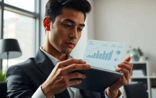 Professional reviewing a tablet displaying a tokenized payroll and real-world asset investment interface.