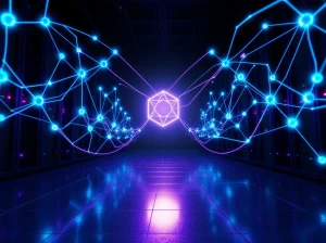 Digital blockchain network nodes connecting with light trails symbolizing Polygon's faster transaction processing.