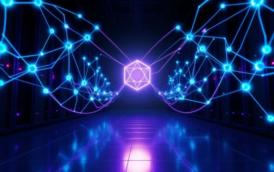 Digital blockchain network nodes connecting with light trails symbolizing Polygon's faster transaction processing.