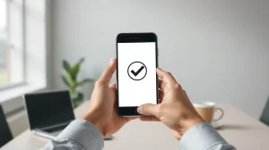Person holding smartphone with verification checkmark on screen in a modern office setting
