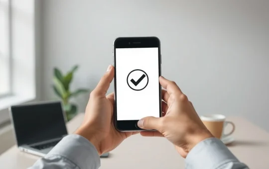 Person holding smartphone with verification checkmark on screen in a modern office setting