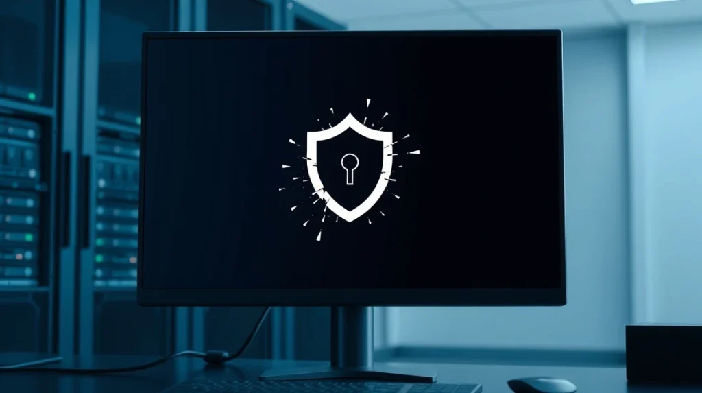 Digital interface showing a fragmented privacy shield icon on a computer screen in a modern office setting.