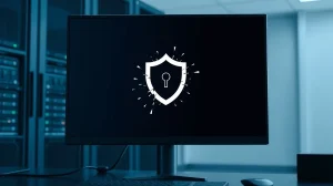 Digital interface showing a fragmented privacy shield icon on a computer screen in a modern office setting.