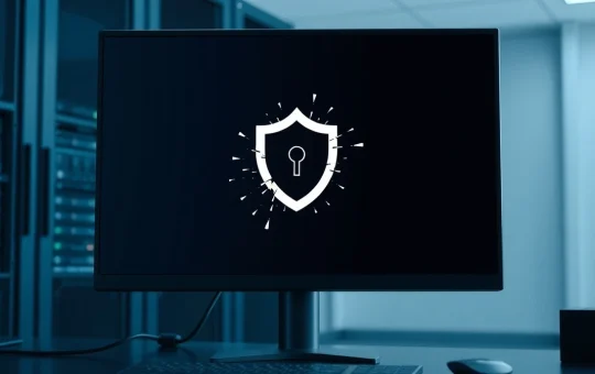 Digital interface showing a fragmented privacy shield icon on a computer screen in a modern office setting.