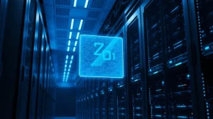 Server room with holographic zero-knowledge proof visualization representing Succinct's AI verification technology.