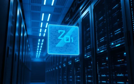 Server room with holographic zero-knowledge proof visualization representing Succinct's AI verification technology.