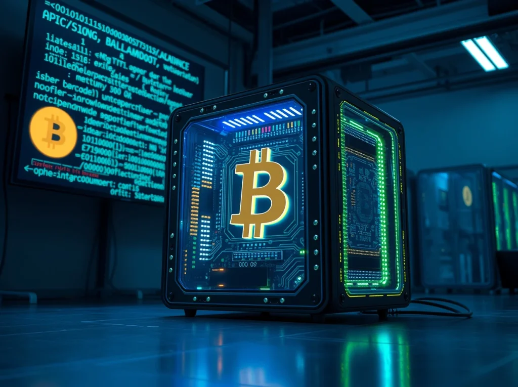 Quantum computer processor with Bitcoin symbol on screen in a dark research lab
