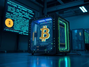 Quantum computer processor with Bitcoin symbol on screen in a dark research lab