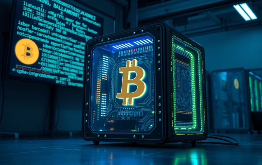 Quantum computer processor with Bitcoin symbol on screen in a dark research lab
