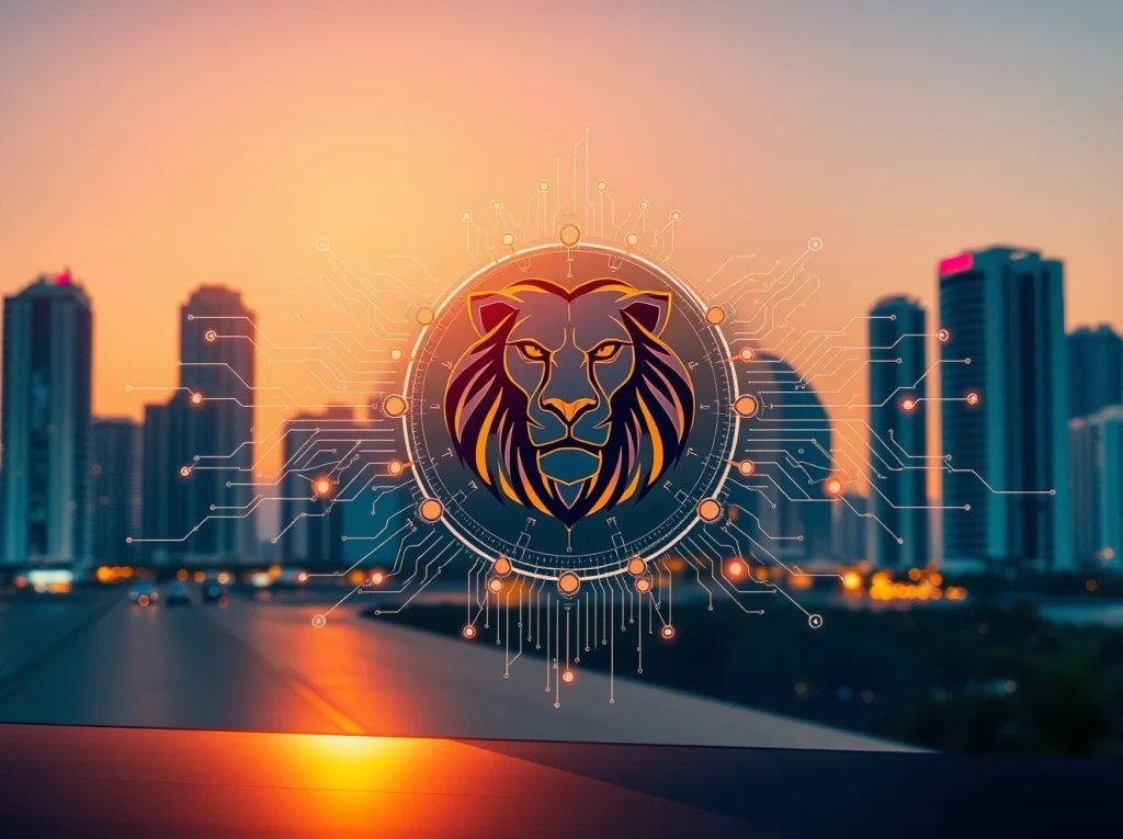 R0AR momentum: Web3 AI interface with lion emblem against Miami skyline at dusk