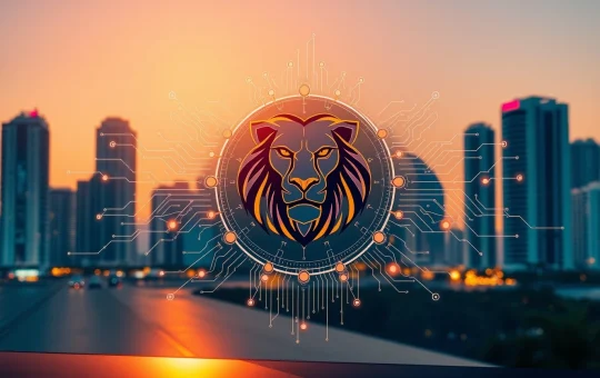 R0AR momentum: Web3 AI interface with lion emblem against Miami skyline at dusk