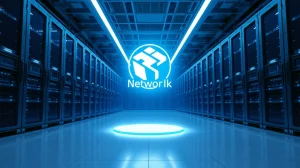 Futuristic data center with GPU servers and holographic Render Network logo