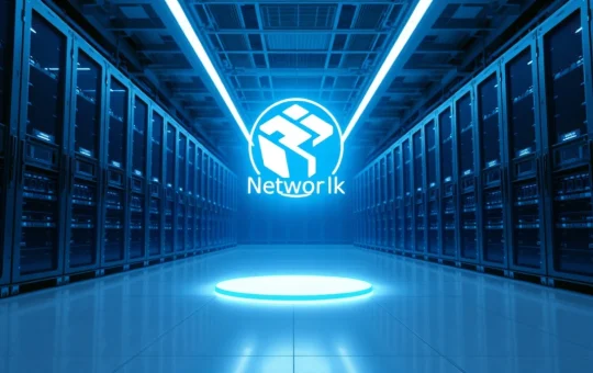 Futuristic data center with GPU servers and holographic Render Network logo