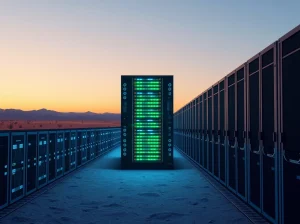 RIOT Platforms Bitcoin mining facility with server racks at dusk, representing BTC sell-off and mining operations.