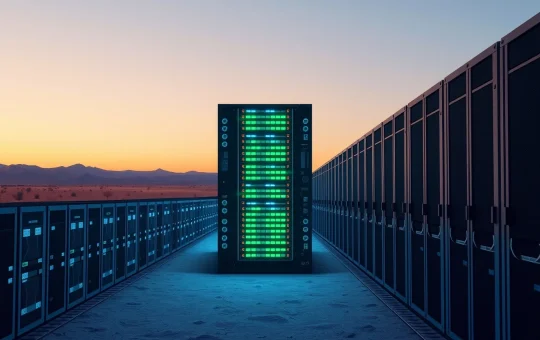 RIOT Platforms Bitcoin mining facility with server racks at dusk, representing BTC sell-off and mining operations.