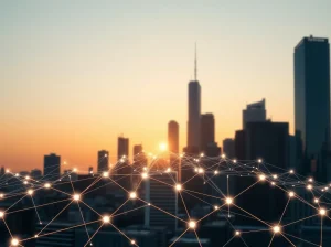 Ripple financial network connecting banks with digital payment flows over a city skyline at sunset