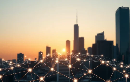 Ripple financial network connecting banks with digital payment flows over a city skyline at sunset