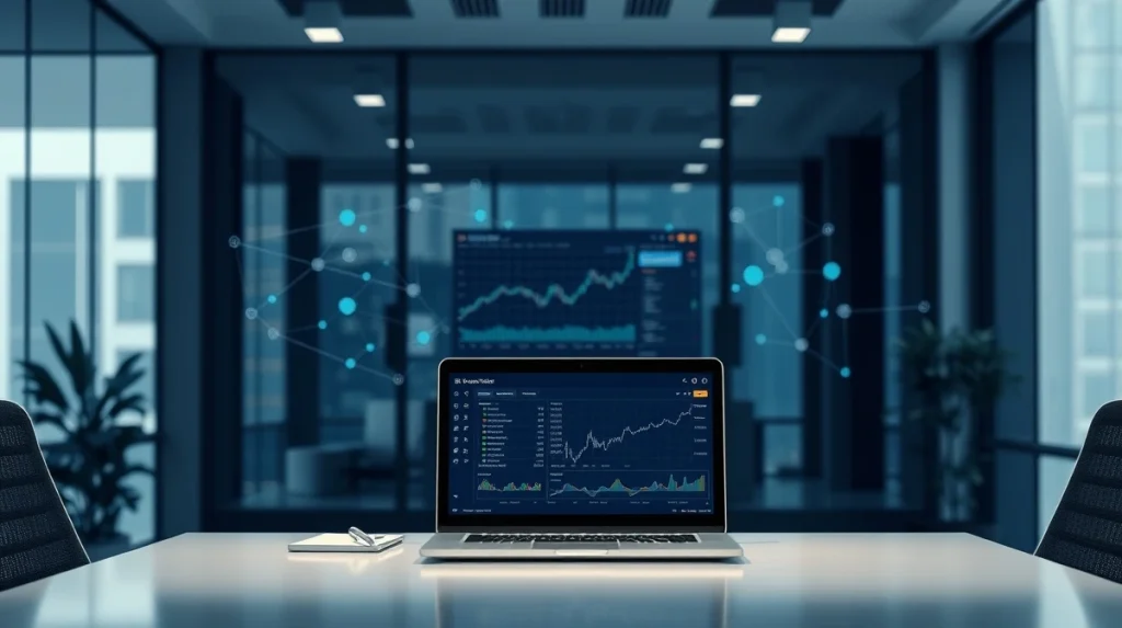 Modern financial office with a laptop displaying a blockchain finance dashboard, representing Ripple's institutional prime services.