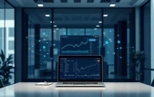 Modern financial office with a laptop displaying a blockchain finance dashboard, representing Ripple's institutional prime services.