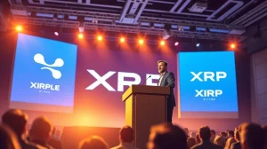 Ripple CEO Brad Garlinghouse speaking at XRP Vegas conference, declaring his commitment to XRP's success.