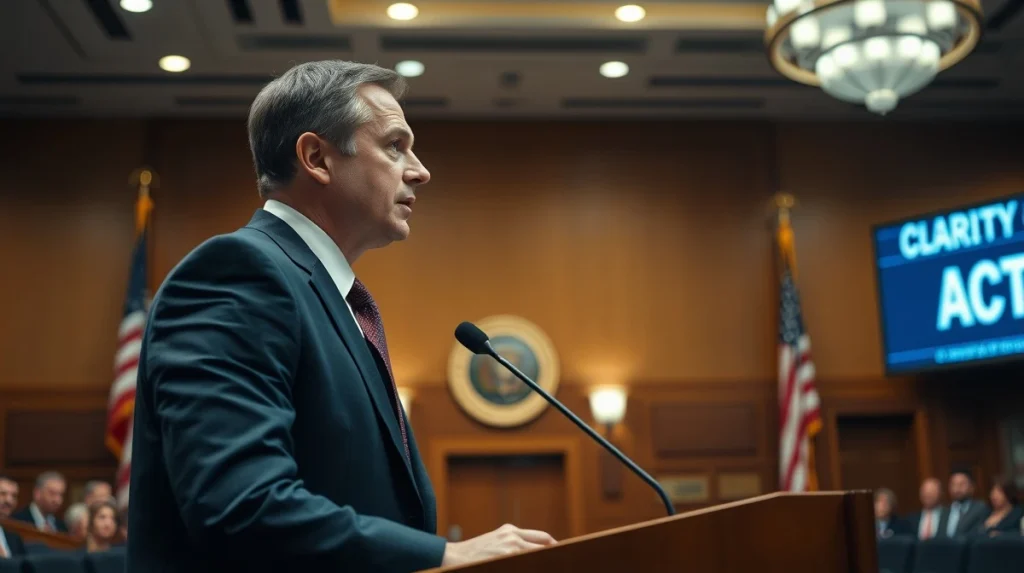 Legal professional speaking at a podium in a hearing room with CLARITY Act displayed on screen.